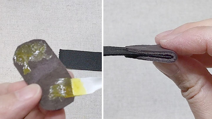 接着剤を付けてゴムベルト端に貼る